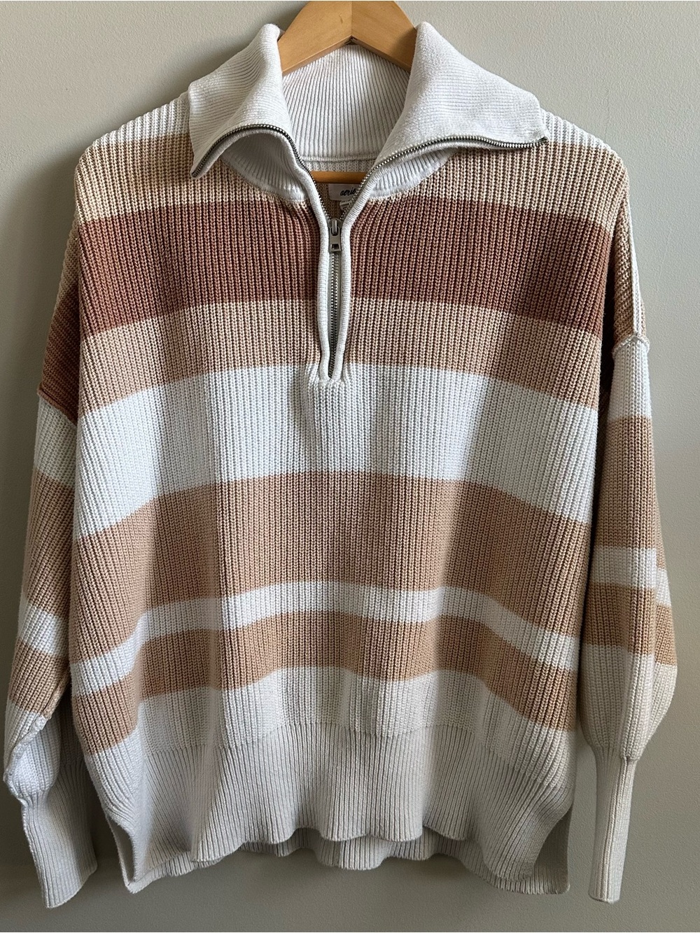 Aerie Beyond Oversized Chunky Knit Quarter-Zip Sweater Cozy Neutral Earth Tone